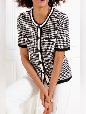 Talbots Short Sleeve Cardigan Check Jacquard Size Medium